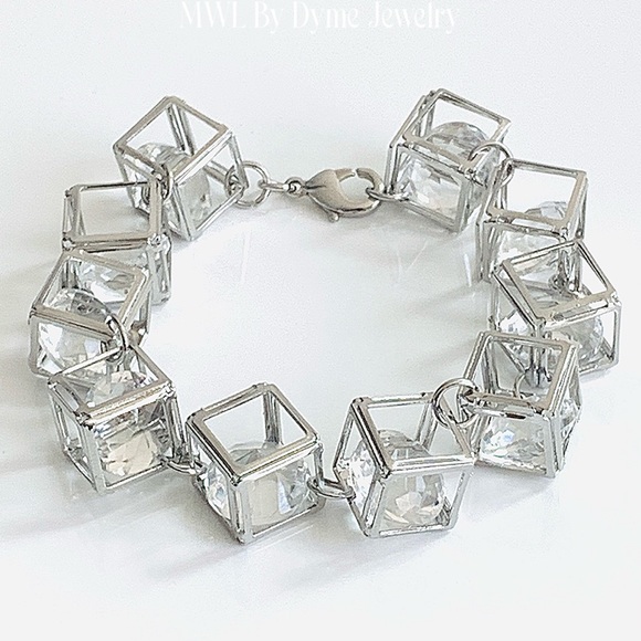 Silver Hollow Cubed Bracelet w/ Clear Crystals - Picture 1 of 2